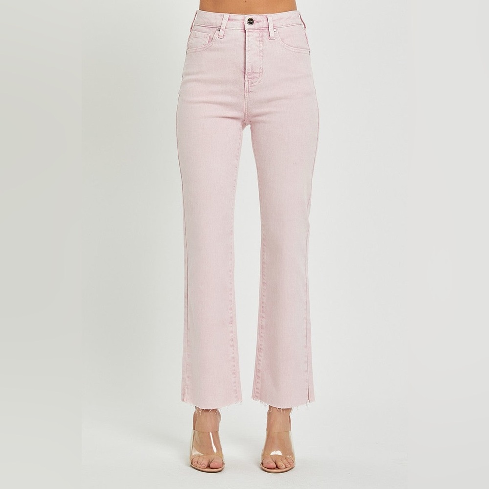 Risen Jeans High Rise Raw Hem Slit Straight Pants